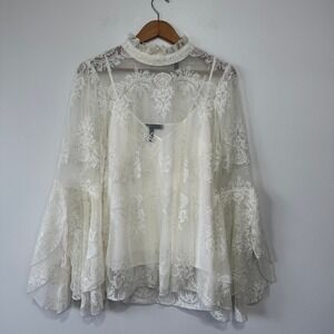 BCBG Max Azria Womens Lace Blouse Flutter Sleeve‎ Romantic Sheer Flouncy Medium